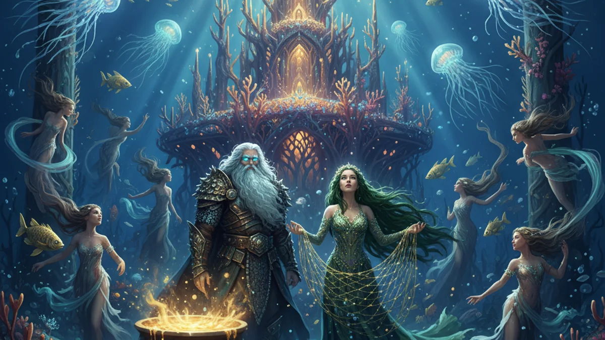 Illustration for Aegir and Ran - a mythical beings Norse Myths story with moral lessons