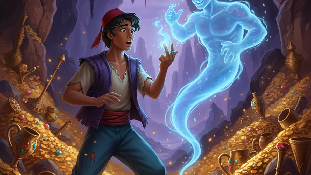 Aladdin and the Ring Genie - Tales of Aladdin story illustration from Arabian Nights