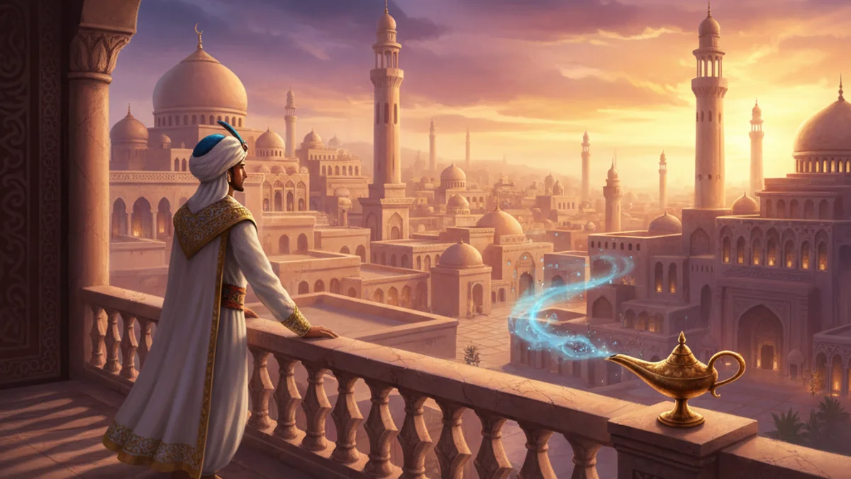 Aladdin Becomes Sultan - Tales of Aladdin story illustration from Arabian Nights