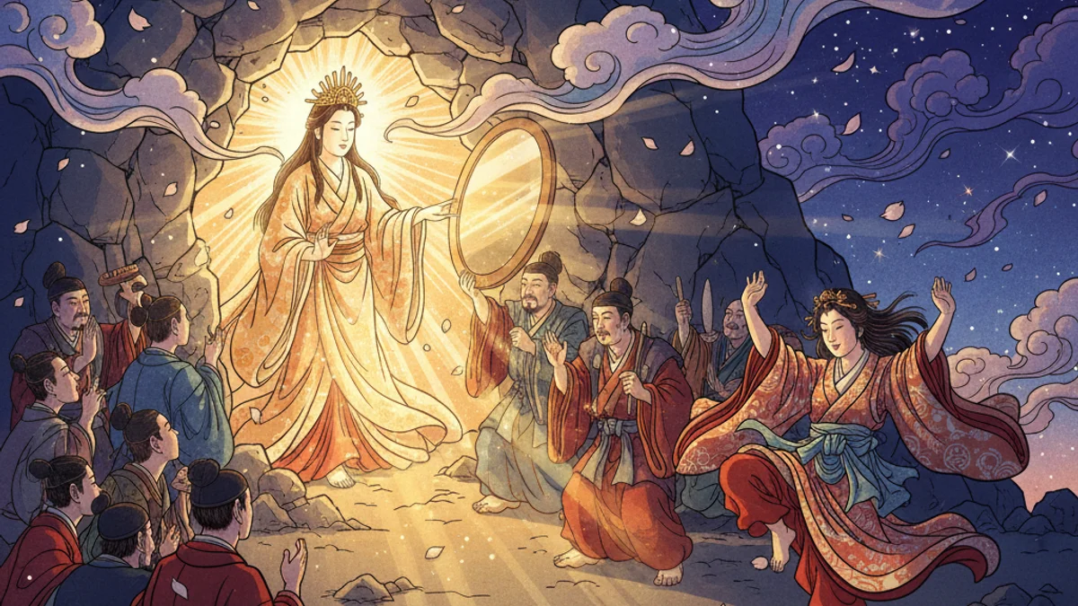 Amaterasu and the Cave - Shinto Myths story illustration from Japanese Folklore