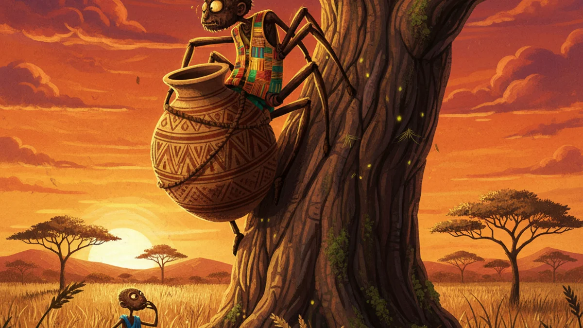 Illustration for Anansi and the Pot of Wisdom - a trickster tales African Folktales story with moral lessons