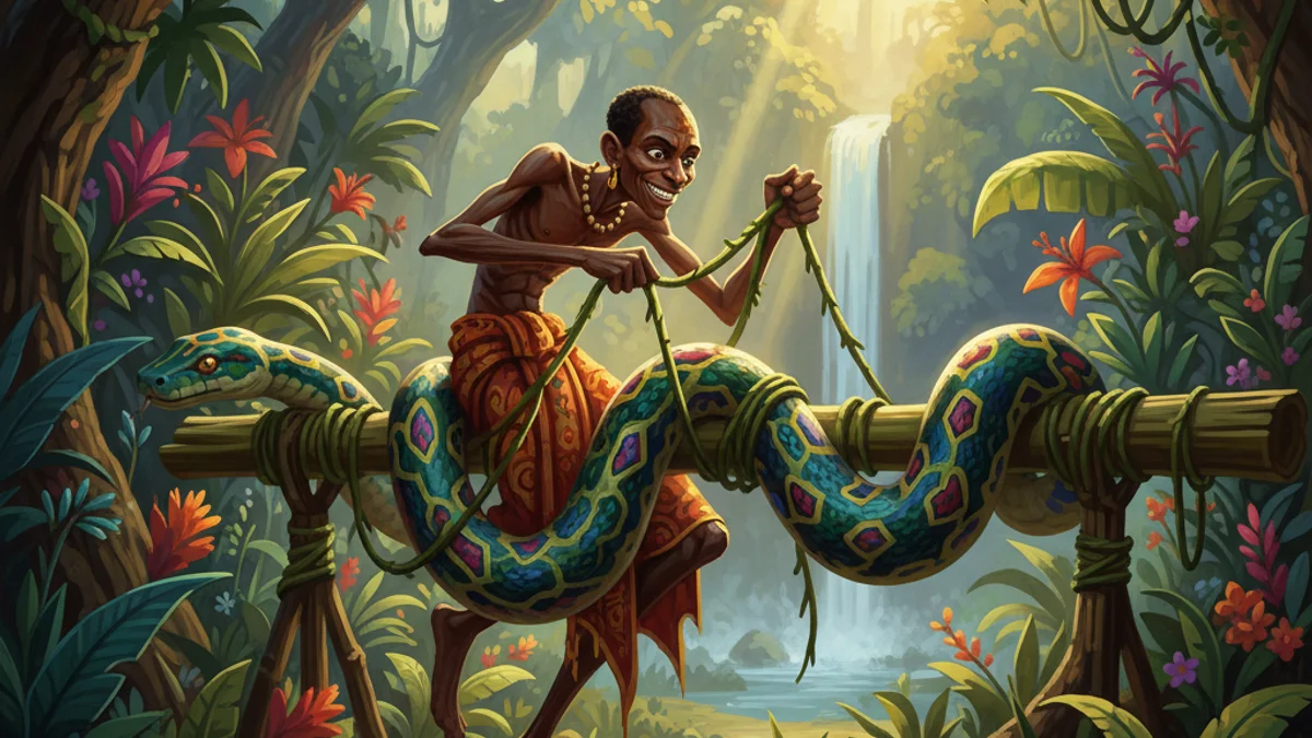 Illustration for Anansi and the Python - a trickster tales African Folktales story with moral lessons