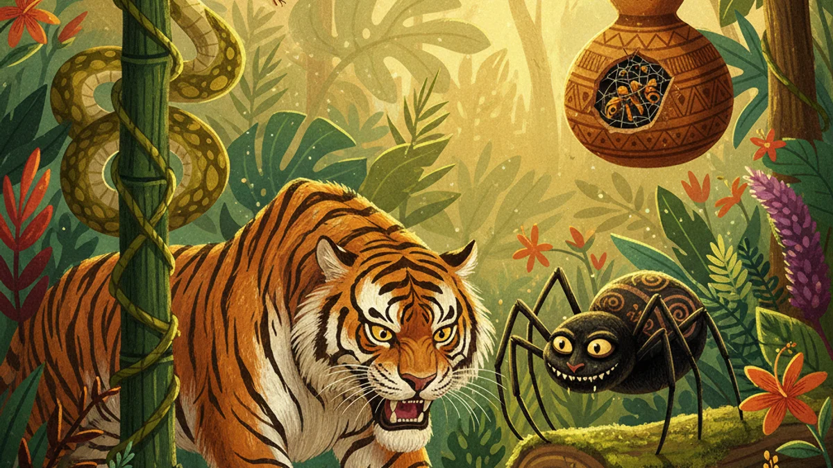 Illustration for Anansi and the Tiger's Stories - a trickster tales African Folktales story with moral lessons