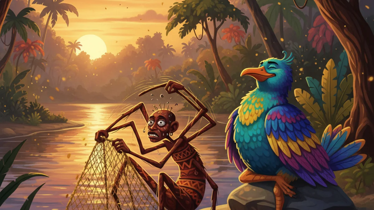 Illustration for Anansi Goes Fishing - a trickster tales African Folktales story with moral lessons