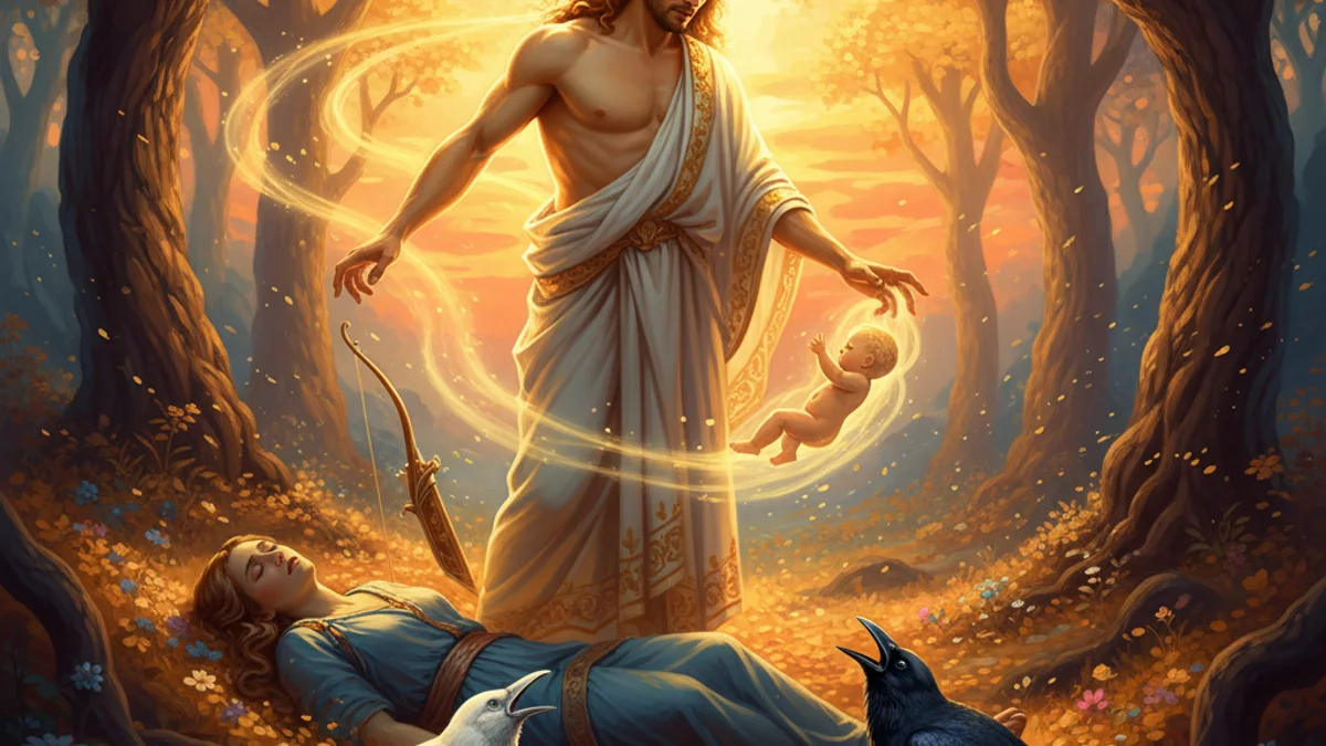 Illustration for Apollo and Coronis - a olympian gods Greek Myths story with moral lessons