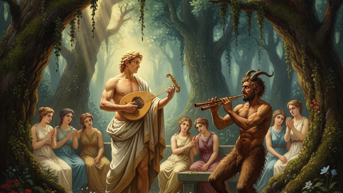 Apollo and Marsyas - Olympian Gods story illustration from Greek Myths