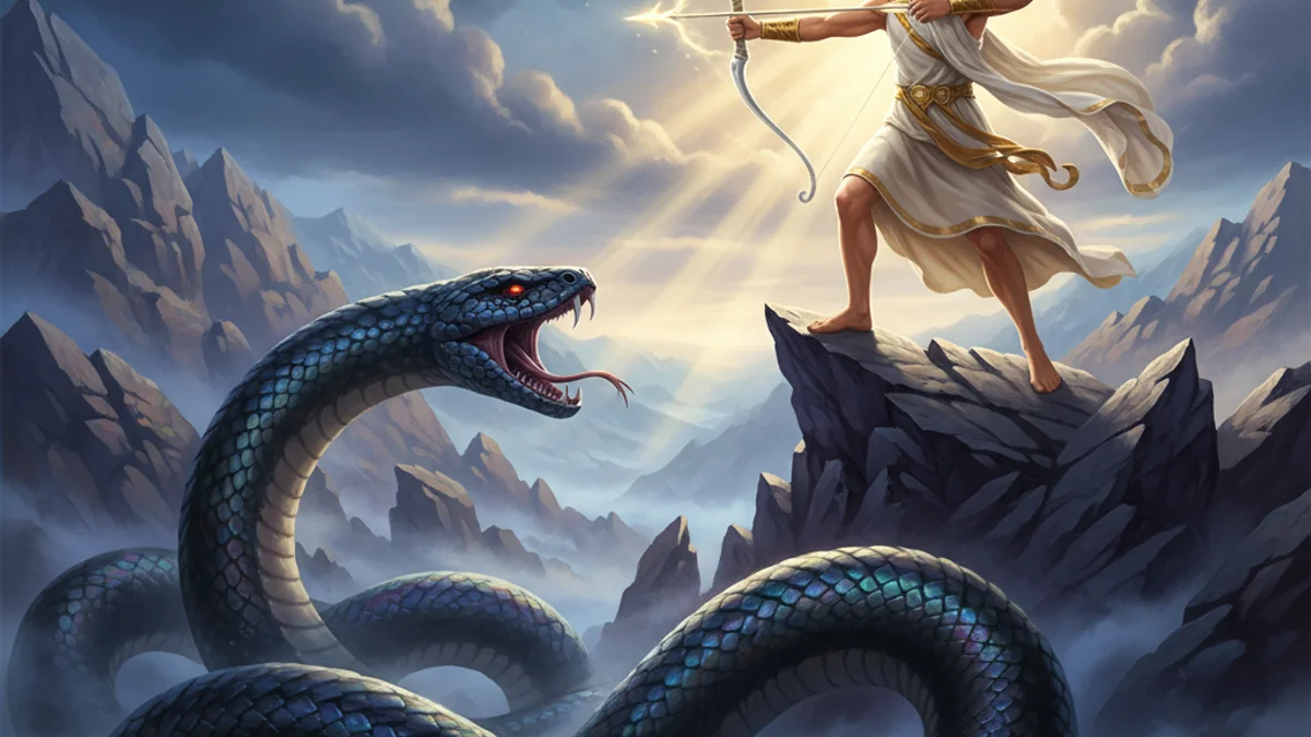Illustration for Apollo Slays Python - a dragon slayer tales Cross-Cultural Themes story with moral lessons