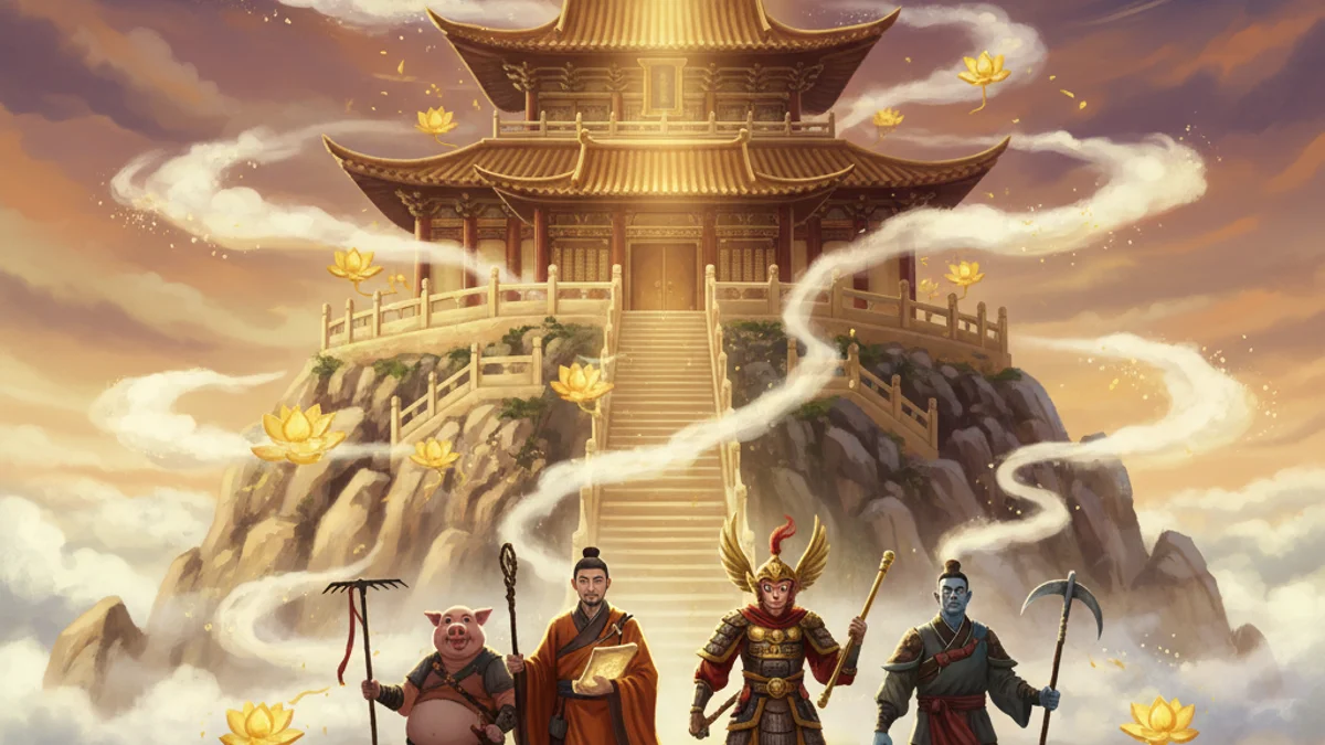Illustration for Arrival at Thunder Monastery - a journey to the west Chinese Legends story with moral lessons