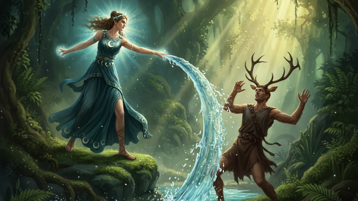 Illustration for Artemis and Actaeon - a olympian gods Greek Myths story with moral lessons