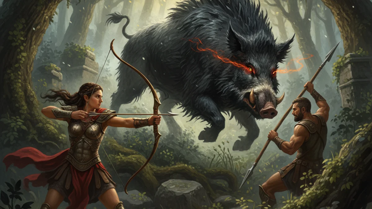 Illustration for Atalanta and the Calydonian Boar - a heroes Greek Myths story with moral lessons