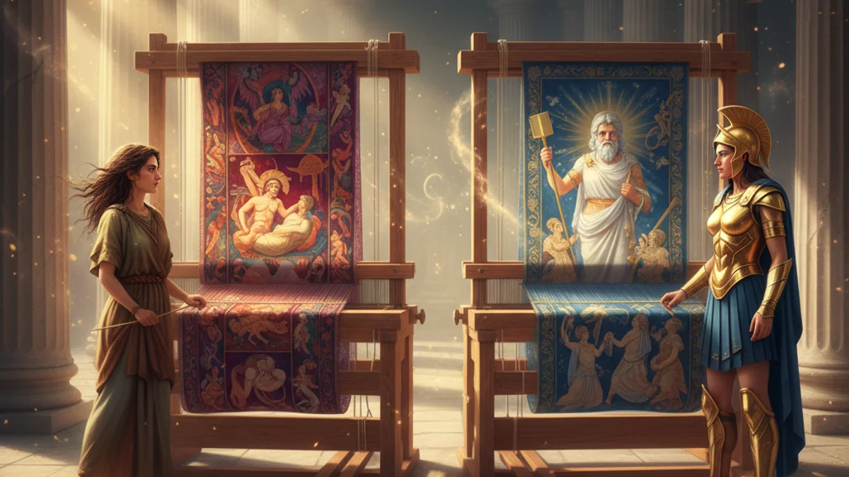 Athena and Arachne - Olympian Gods story illustration from Greek Myths