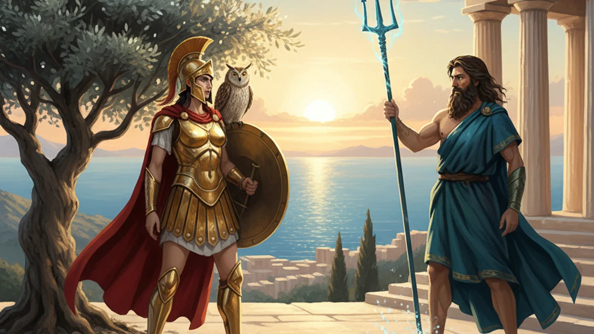 Illustration for Athena and the Olive Tree - a olympian gods Greek Myths story with moral lessons