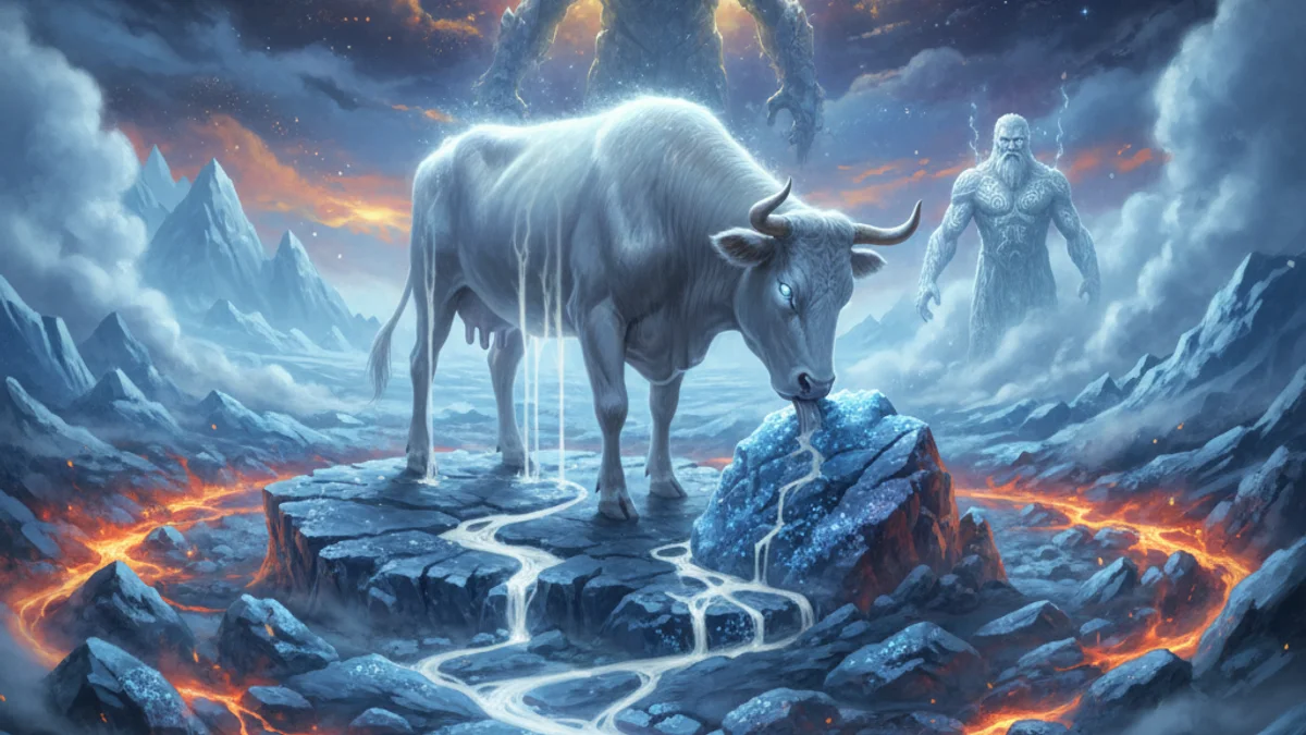 Illustration for Audhumla the Cosmic Cow - a mythical beings Norse Myths story with moral lessons
