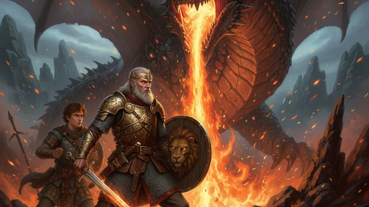 Beowulf and the Dragon (Detailed) - Dragon Slayer Tales story illustration from Cross-Cultural Themes