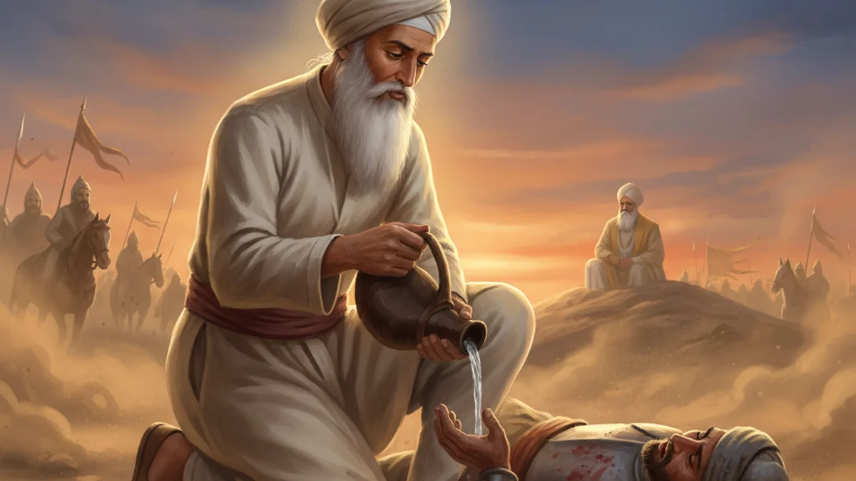 Bhai Kanhaiya Serves All - Tales of Devotion and Sacrifice story illustration from Sikh Saakhis
