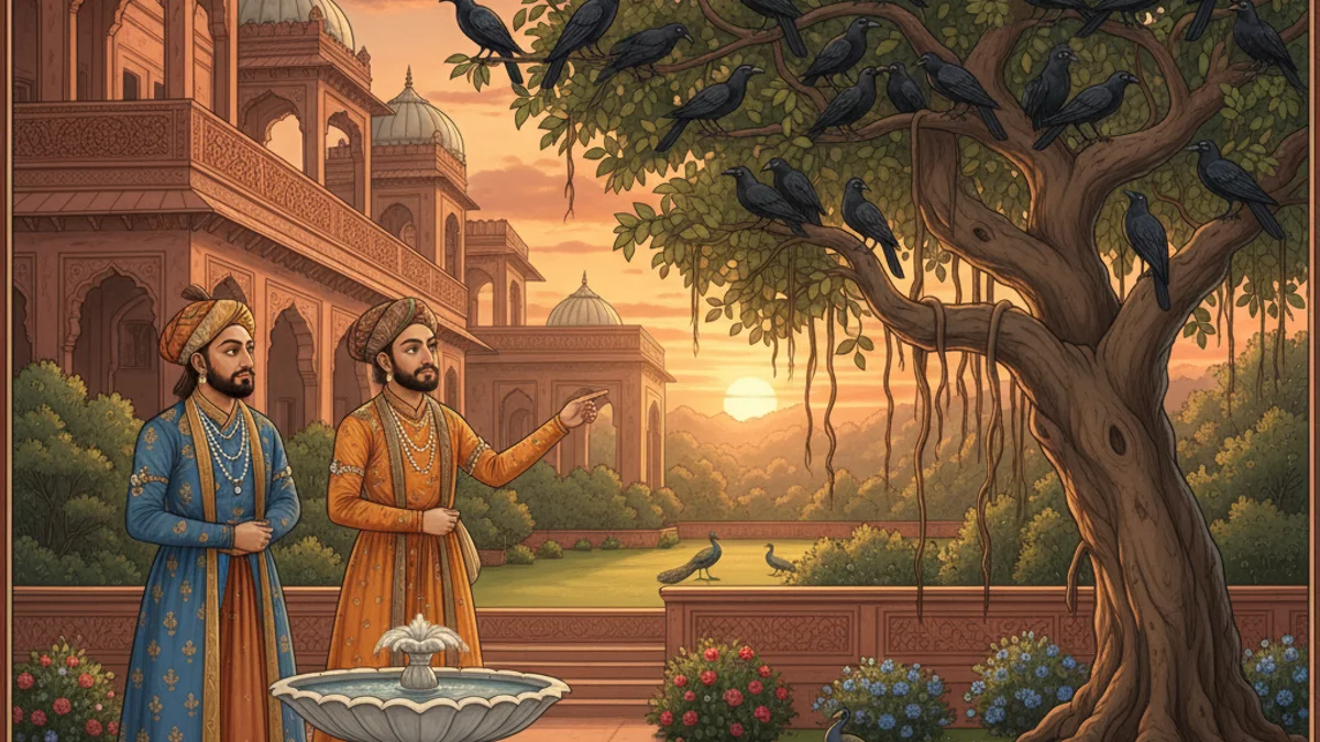 Birbal Counts the Crows - Birbal and Akbar Tales story illustration from Indian Story Collections