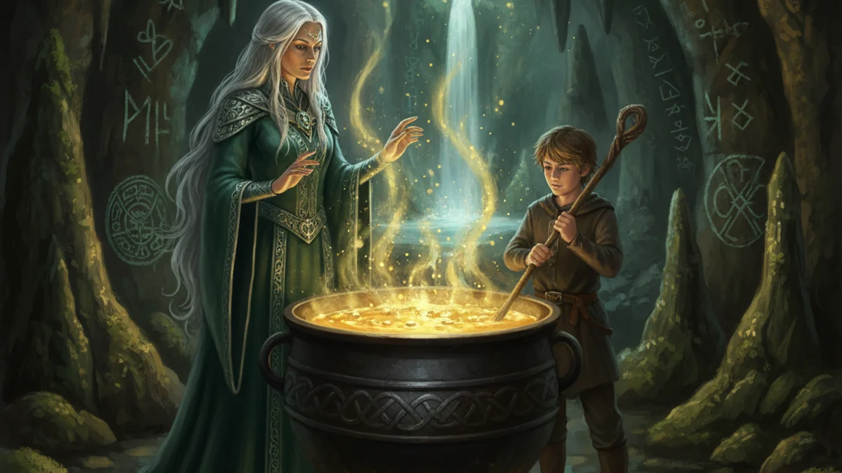 Illustration for Ceridwen's Cauldron - a famous legends Celtic Myths story with moral lessons