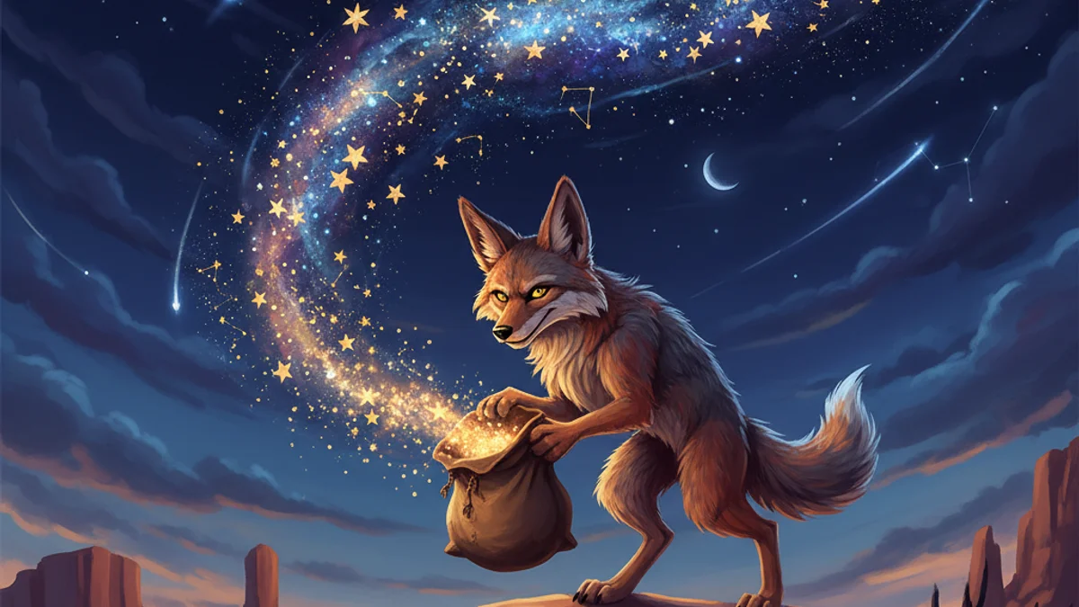 Illustration for Coyote and the Stars - a animal myths Native American Legends story with moral lessons