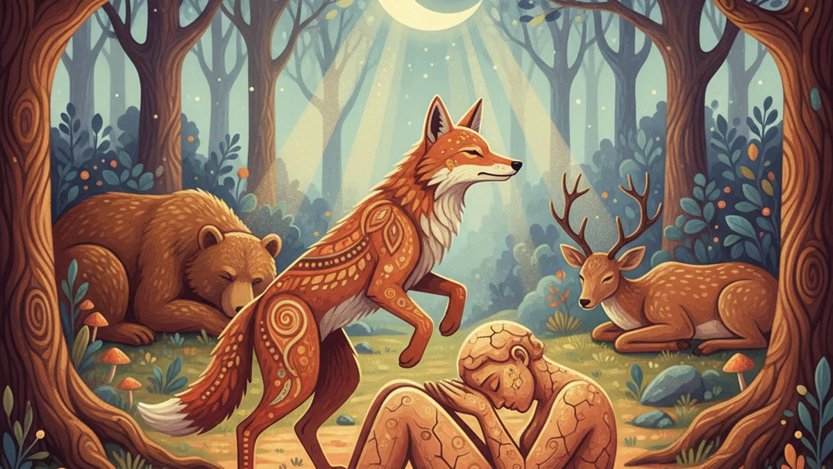 Illustration for Coyote Creates People - a animal myths Native American Legends story with moral lessons