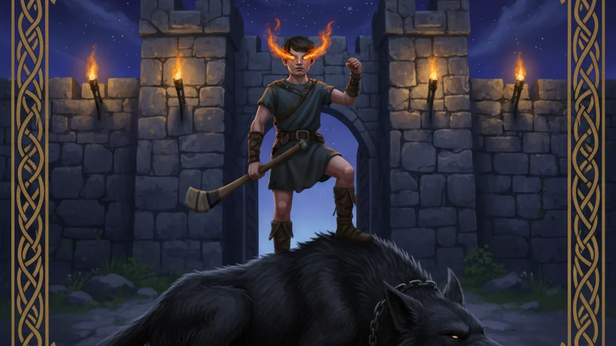 Illustration for Cú Chulainn's Boyhood Deeds - a heroes of ulster cycle Celtic Myths story with moral lessons