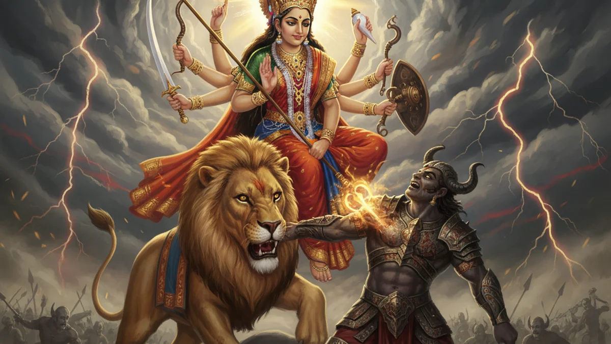 Illustration for Durga Slays Mahishasura - a gods and demons Hindu Epics story with moral lessons