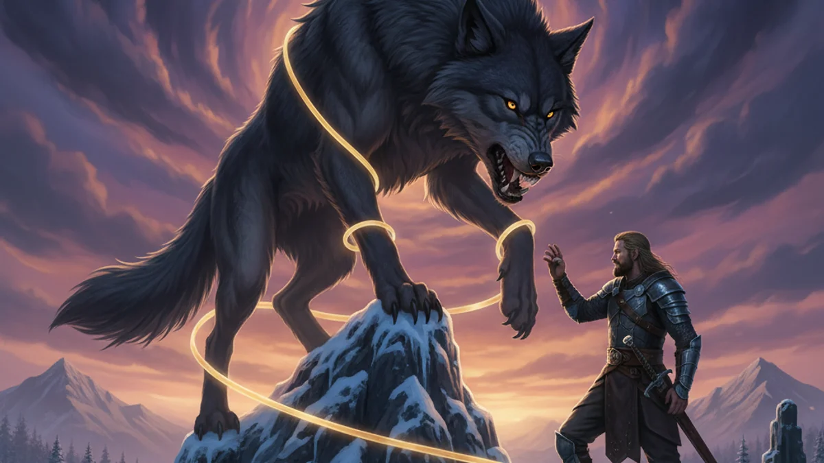Illustration for Fenrir the Great Wolf - a mythical beings Norse Myths story with moral lessons