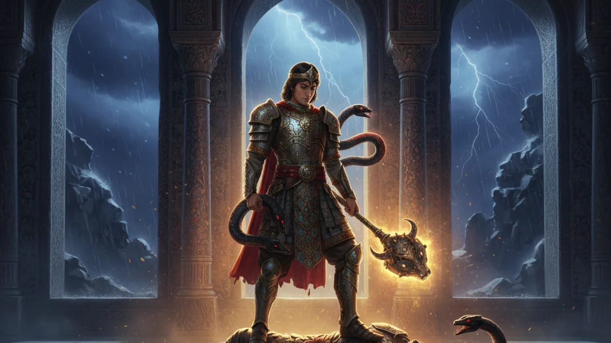 Feridun Defeats Zahhak - Shahnameh Kings story illustration from Persian Mythology