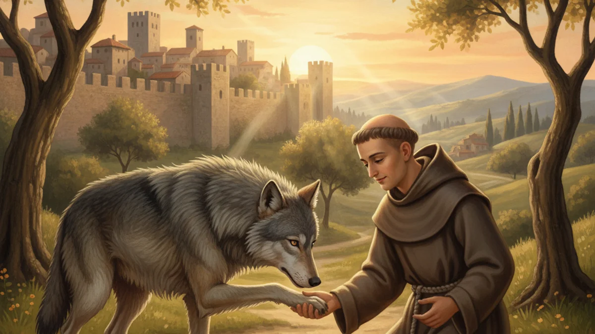 Illustration for Francis Tames the Wolf - a stories of saint francis Early Christian Saints Lives story with moral lessons