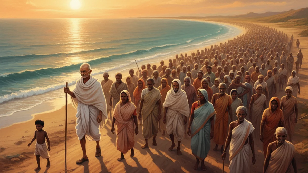 Illustration for Gandhi and the Salt March - a tales of gandhi and martin luther king jr. Tales of Historical Figures story with moral lessons