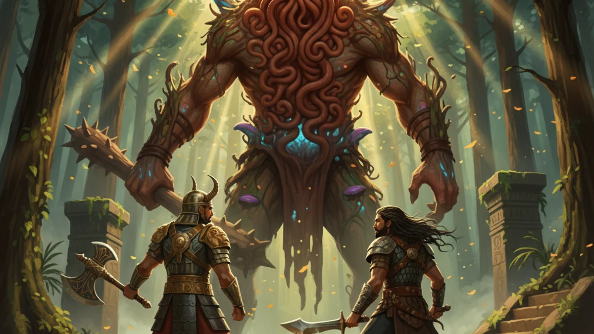 Gilgamesh and Humbaba - Epic of Gilgamesh story illustration from Mesopotamian Mythology