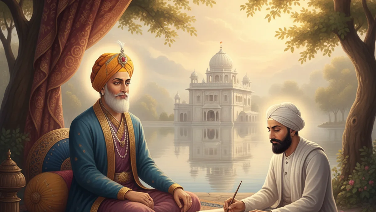 Illustration for Guru Arjan and the Adi Granth - a stories of sikh gurus Sikh Saakhis story with moral lessons