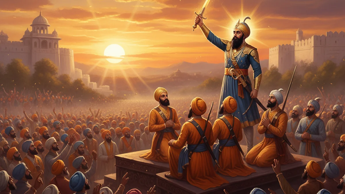 Illustration for Guru Gobind Singh Creates the Khalsa - a stories of sikh gurus Sikh Saakhis story with moral lessons