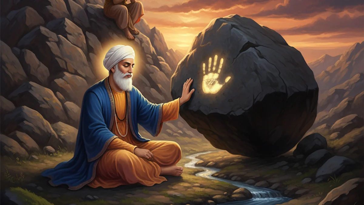 Illustration for Guru Nanak and the Boulder - a stories of sikh gurus Sikh Saakhis story with moral lessons
