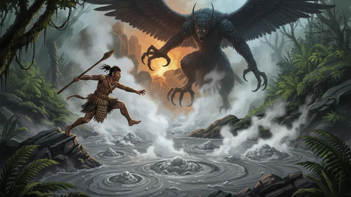 Illustration for Hatupatu and the Bird Woman - a hero tales Maori Mythology story with moral lessons