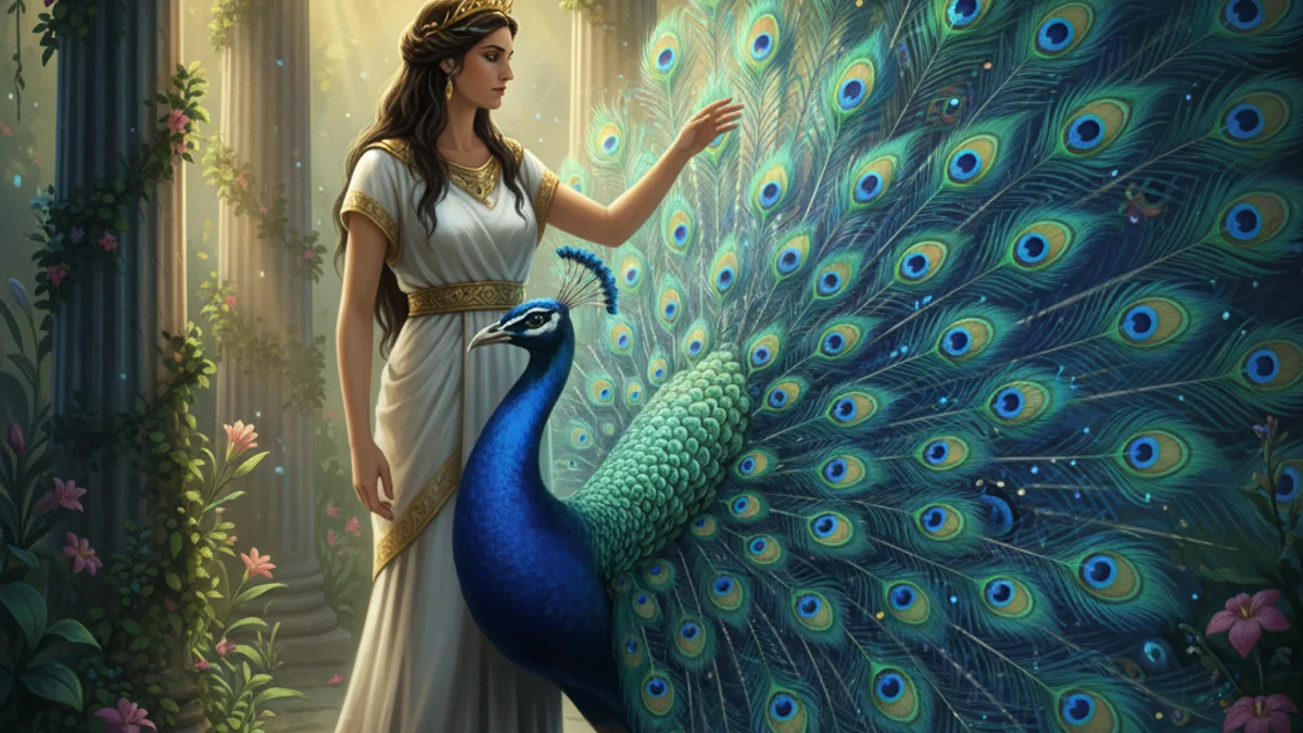 Illustration for Hera and the Peacock - a olympian gods Greek Myths story with moral lessons
