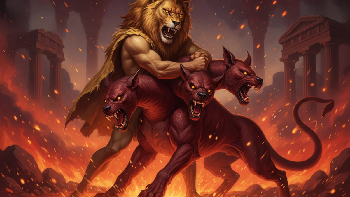 Illustration for Hercules and Cerberus - a heroes Greek Myths story with moral lessons