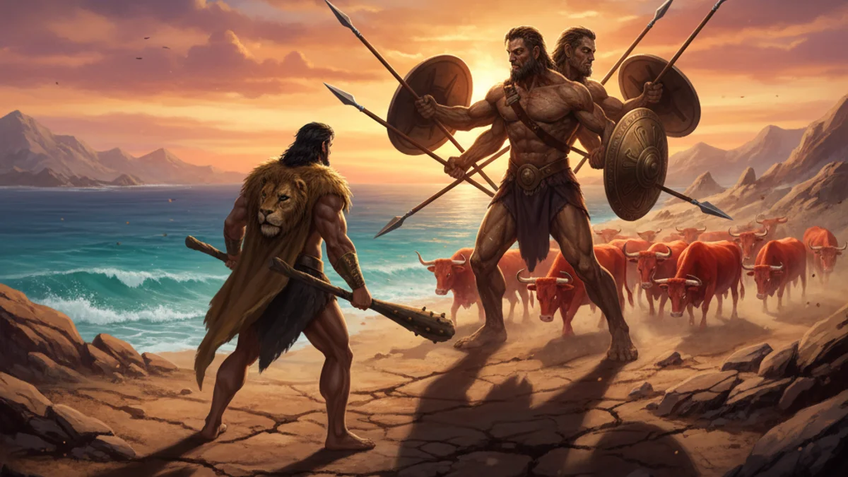 Illustration for Hercules and the Cattle of Geryon - a heroes Greek Myths story with moral lessons