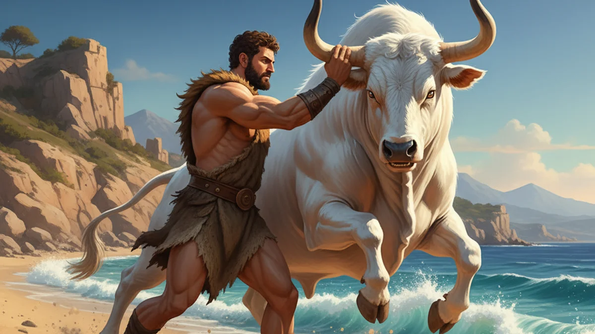 Illustration for Hercules and the Cretan Bull - a heroes Greek Myths story with moral lessons