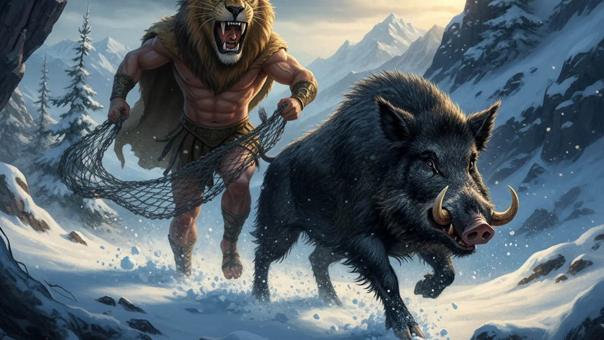 Illustration for Hercules and the Erymanthian Boar - a heroes Greek Myths story with moral lessons