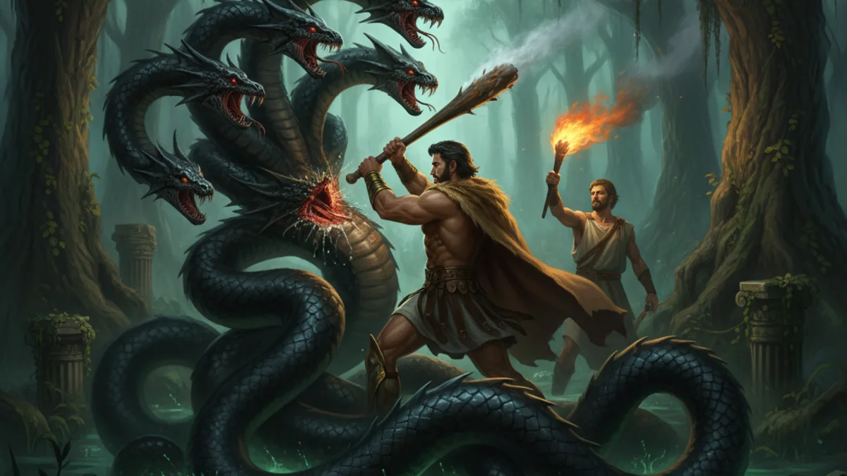 Illustration for Hercules and the Lernaean Hydra - a heroes Greek Myths story with moral lessons