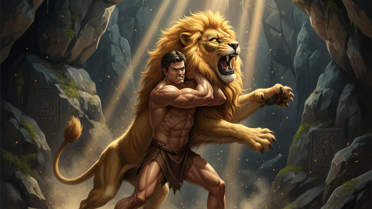 Illustration for Hercules and the Nemean Lion - a heroes Greek Myths story with moral lessons