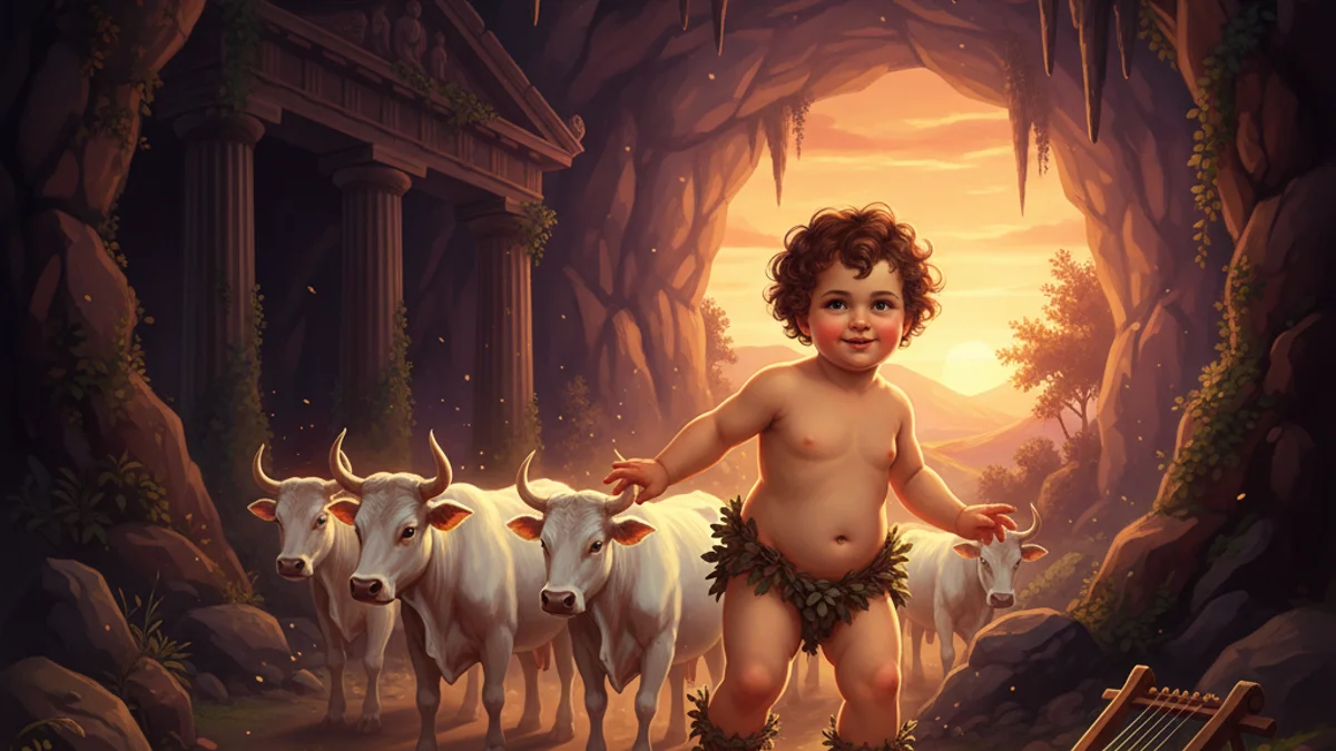 Illustration for Hermes and the Cattle of Apollo - a olympian gods Greek Myths story with moral lessons