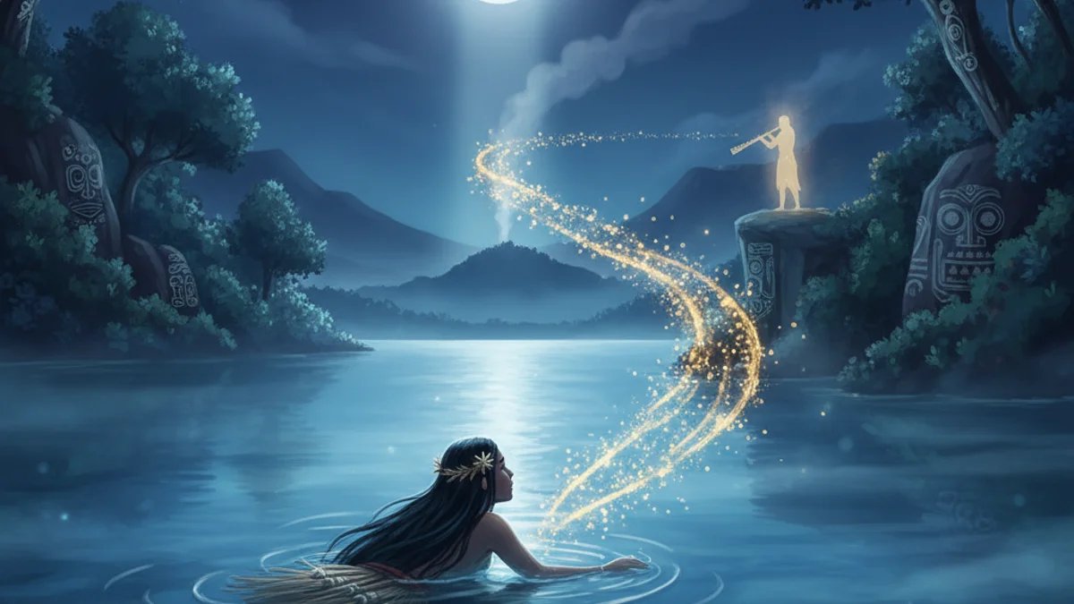 Illustration for Hinemoa and Tutanekai - a hero tales Maori Mythology story with moral lessons