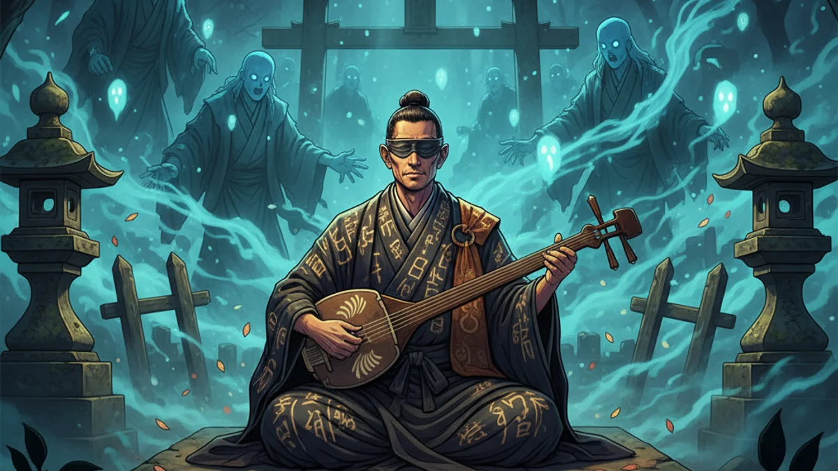 Hoichi the Earless - Supernatural Tales story illustration from Japanese Folklore