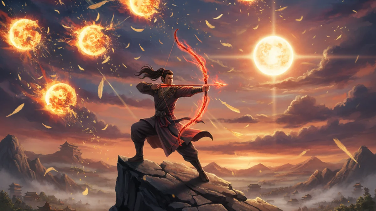 Illustration for Houyi Shoots the Suns - a famous heroes Chinese Legends story with moral lessons