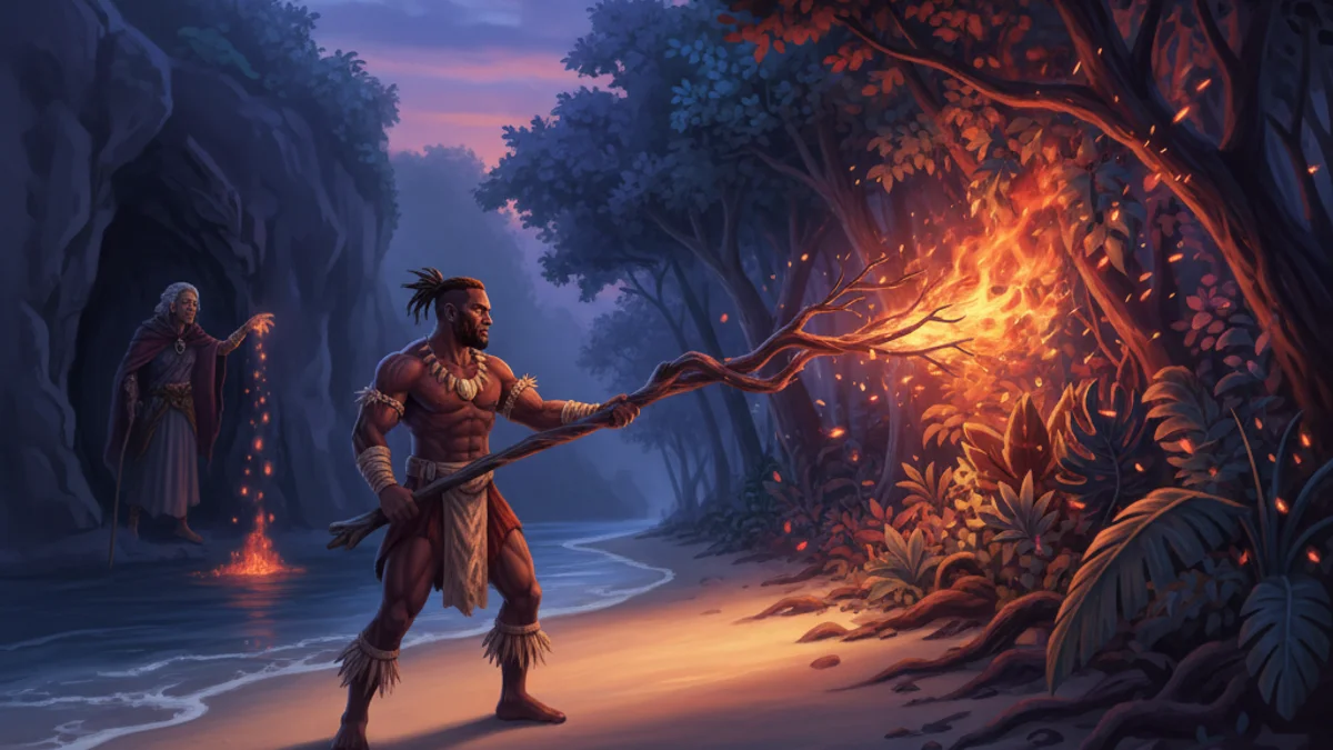 Illustration for How Fire Came to the Islands - a melanesian tales Pacific Island Mythology story with moral lessons
