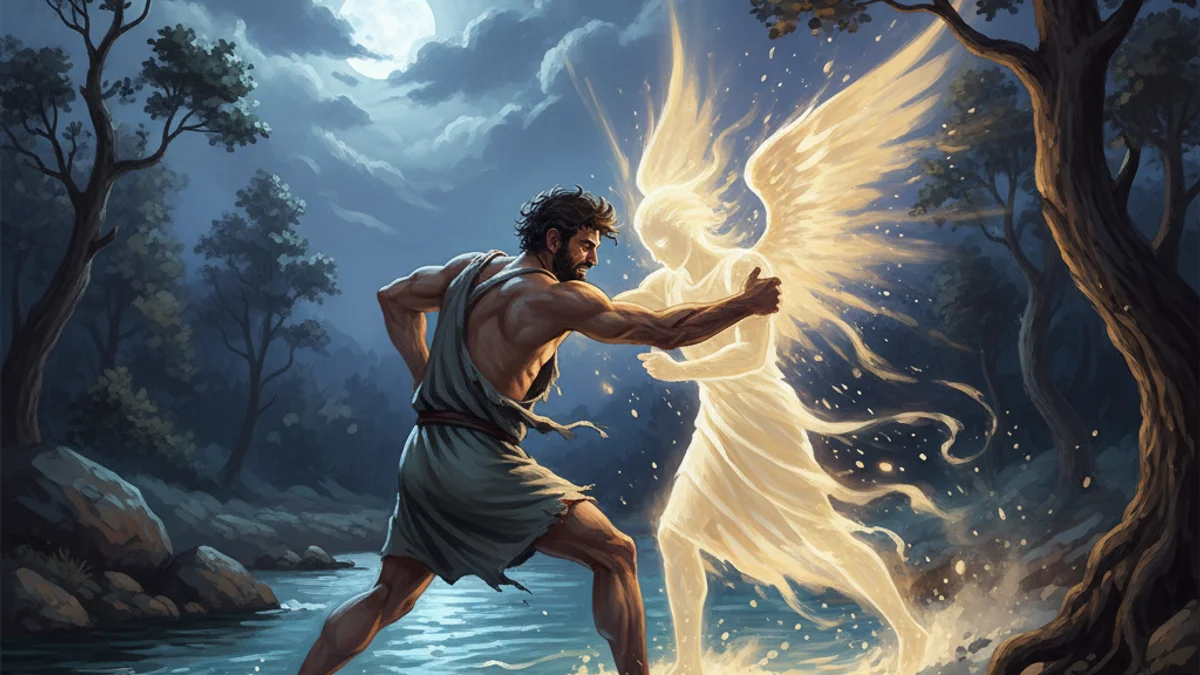 Jacob Wrestles the Angel - Tales from the Torah story illustration from Jewish Folklore