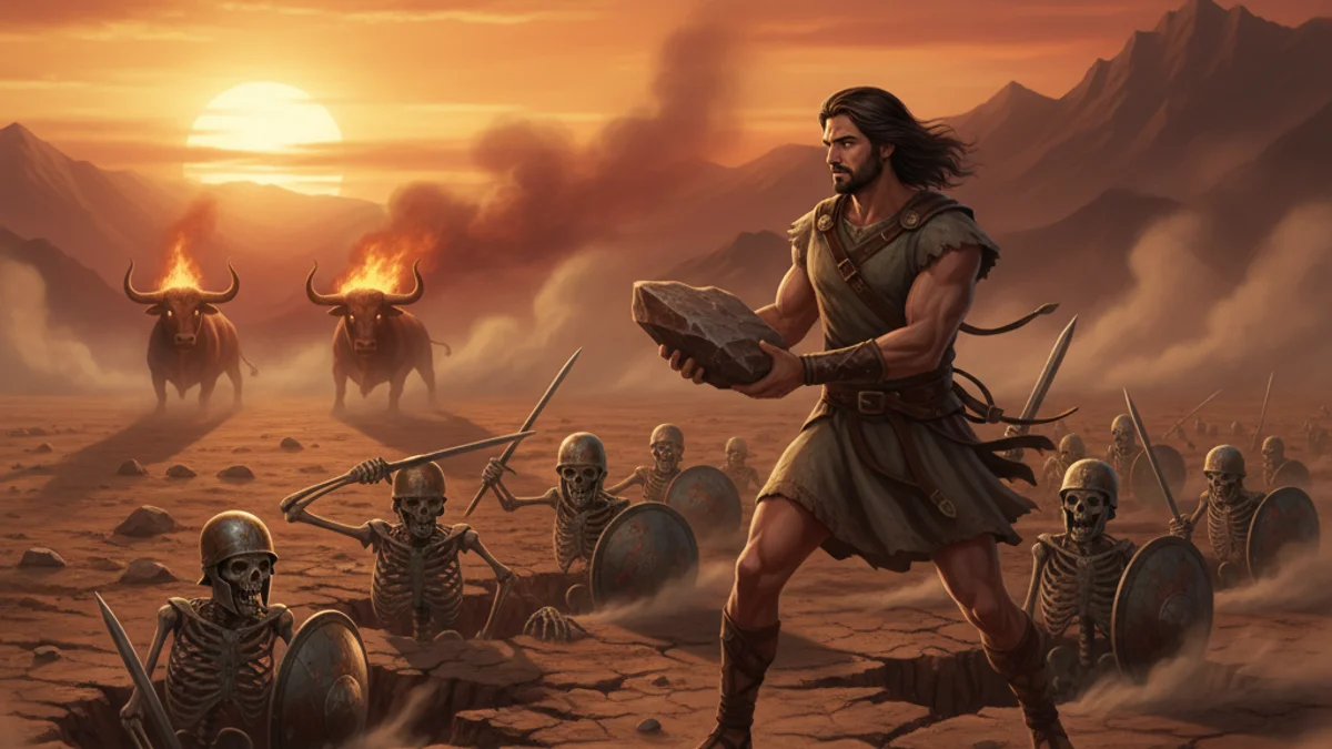 Illustration for Jason and the Dragon's Teeth - a heroes Greek Myths story with moral lessons