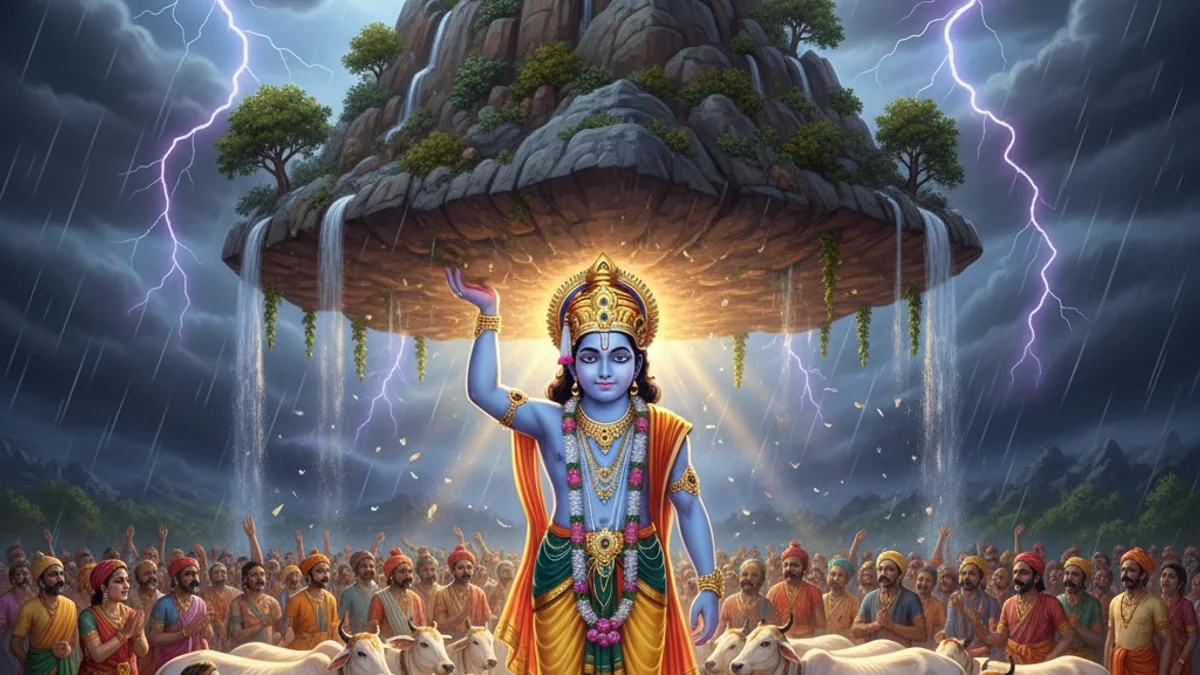 Illustration for Krishna Lifts Govardhan Hill - a krishna tales Hindu Epics story with moral lessons