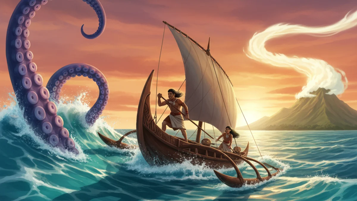 Kupe Discovers Aotearoa - Pacific Voyaging story illustration from Polynesian Mythology